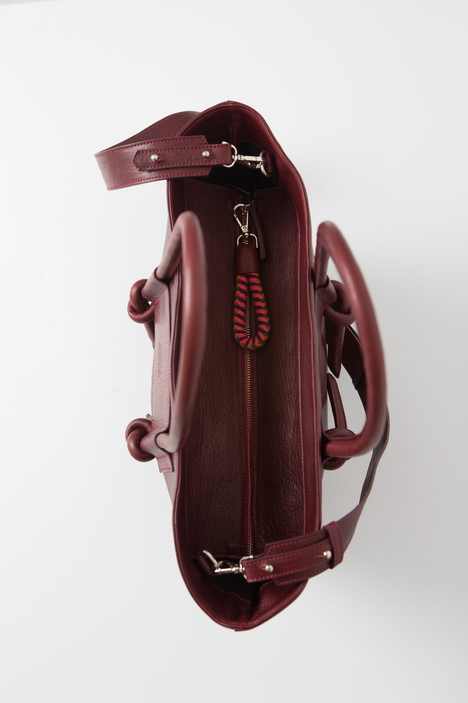 Basket Leather Tote Bag - Burgundy