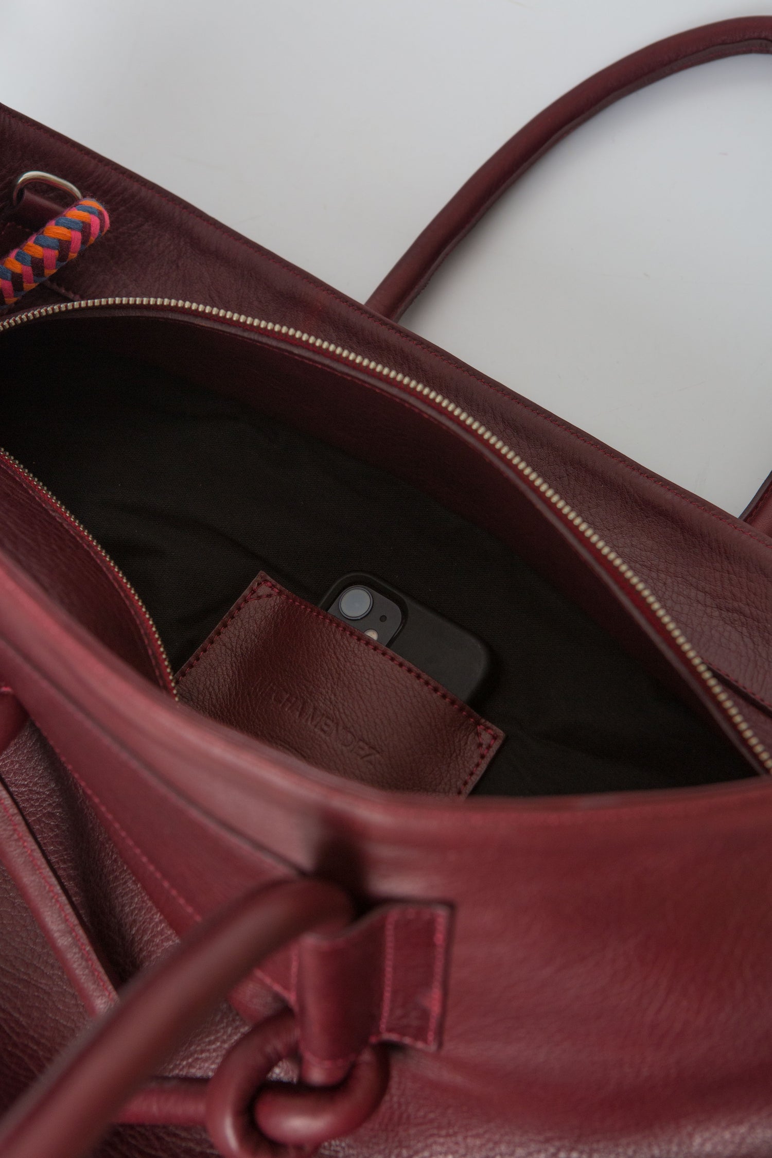 Basket Leather Tote Bag - Burgundy