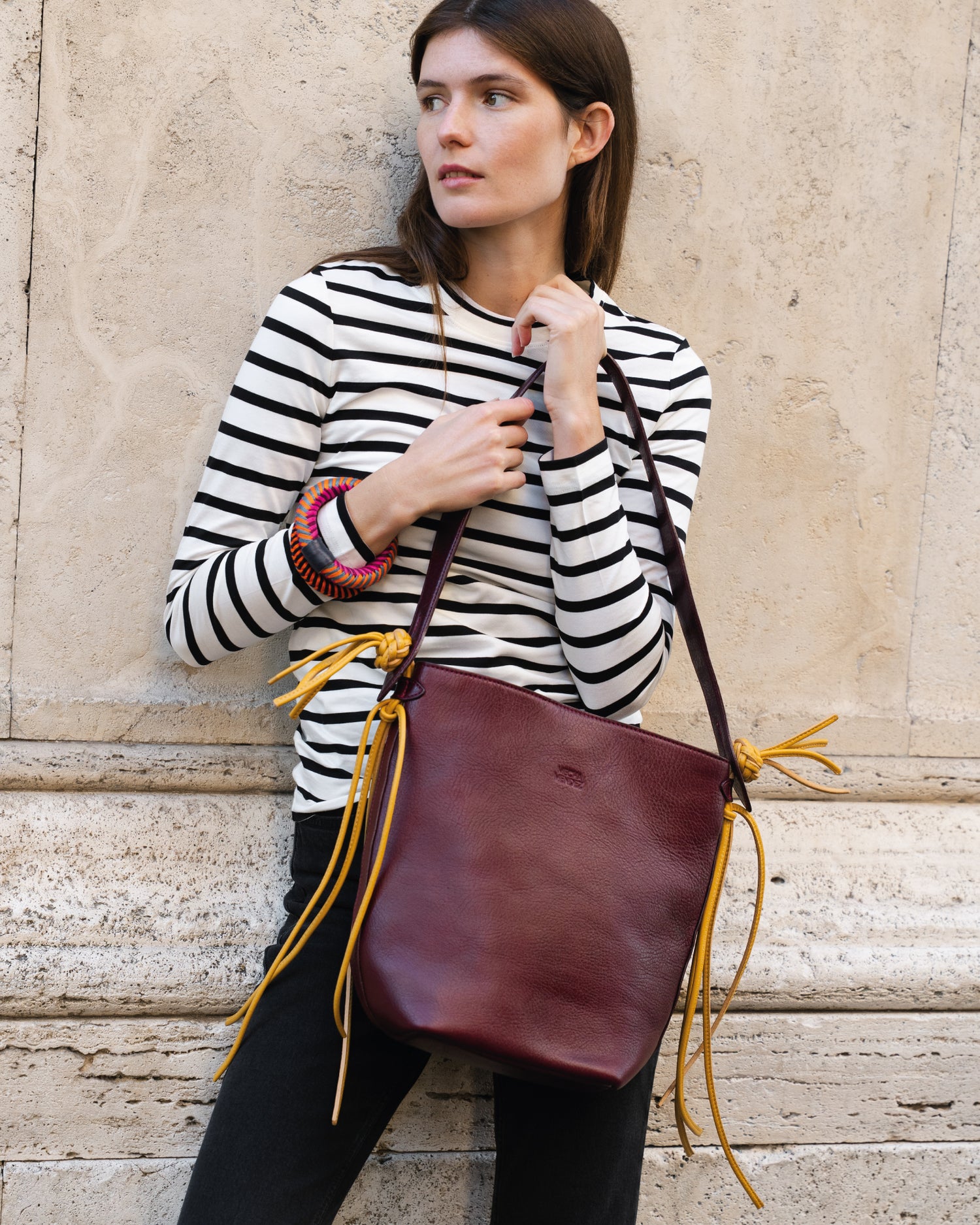 Yarara Leather Shoulder Bag - Burgundy & Yellow